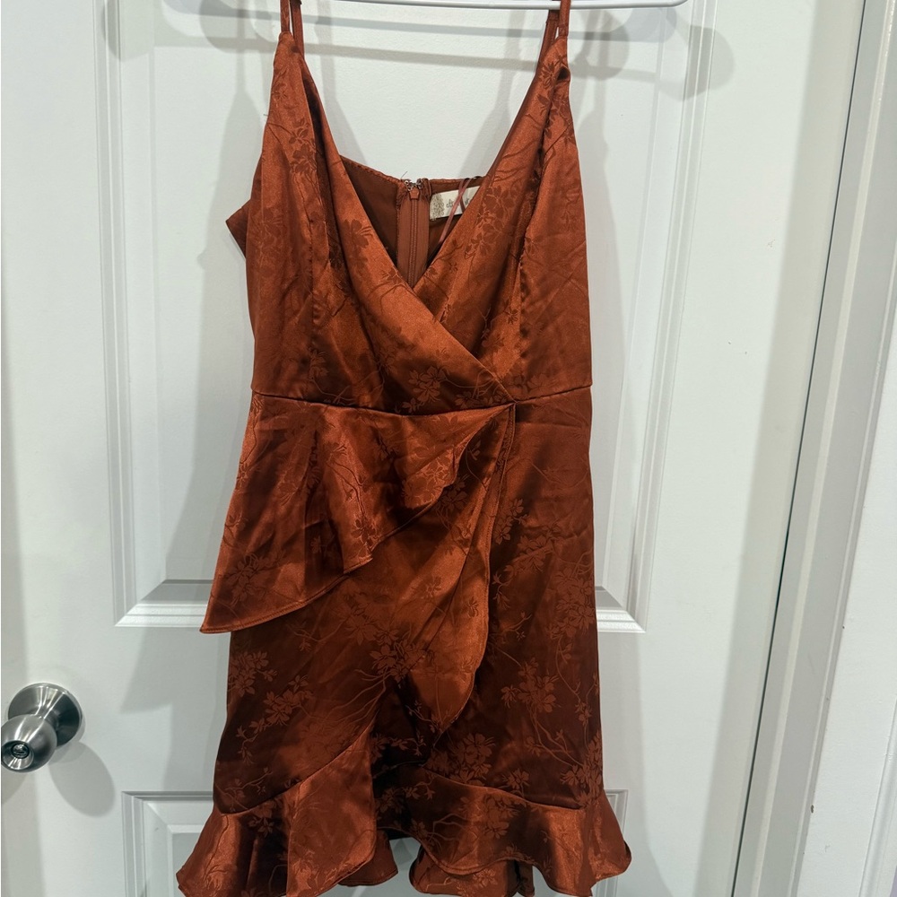 Altar'd State Asymmetrical Ruffle Dress in Rust